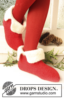 Santa's Slippers / DROPS Extra 0-735 - Stickade och tovade tofflor till baby, barn, dam och herr i DROPS Snow. Storlek 21 till 48. Tema: Jul.