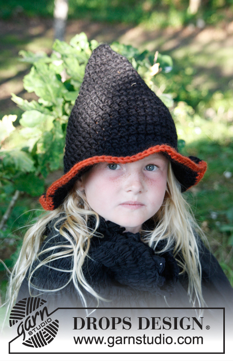 Merlina / DROPS Extra 0-779 - Chapeau de sorcière pour enfant crocheté en DROPS Snow. Thème: Halloween.