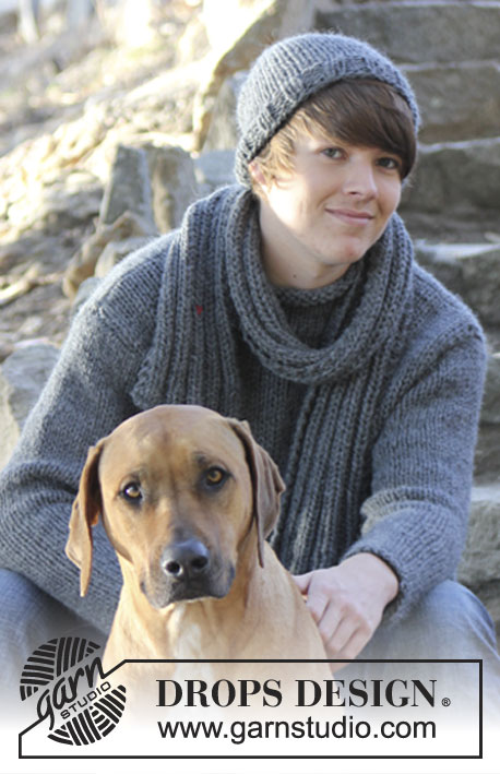 Rover / DROPS Extra 0-819 - Basic DROPS men's pullover and hat in stocking st and scarf in rib in ”Andes”.
