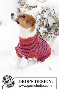 BFF's Jumper / DROPS Extra 0-84 - Knitted jumper for dogs in DROPS Merino Extra Fine. The piece is worked from the tail to the neck with stocking stitch, stripes and opening along the back. Size XS - L.
