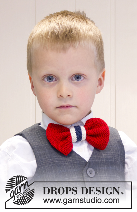 17. Mai sløyfe / DROPS Extra 0-846 - Knitted bow tie with national colours in DROPS Safran