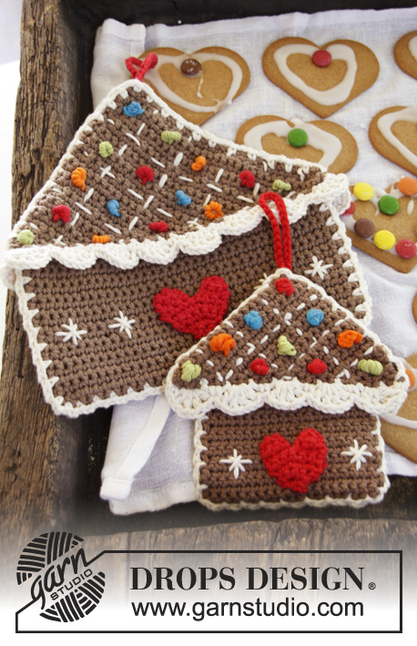 Home Sweet Home / DROPS Extra 0-987 - Crochet gingerbread house pot holder in 2 strands DROPS Safran with edge, decorations and heart in DROPS Paris. Theme: Christmas