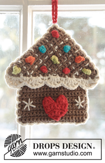 Home Sweet Home / DROPS Extra 0-987 - Crochet gingerbread house pot holder in 2 strands DROPS Safran with edge, decorations and heart in DROPS Paris. Theme: Christmas