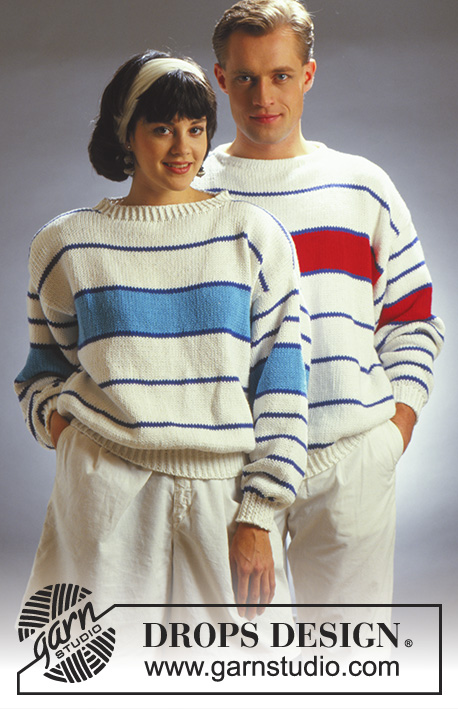 Stripes For Two / DROPS 10-5 - Sweter na drutach w marynistycznym stylu, z włóczki DROPS Paris. Wersja damska i męska. Od S do L.