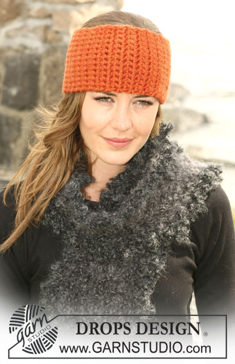 DROPS 104-20 - Crochet DROPS head band in ”Snow” and knitted scarf in ”Puddel”