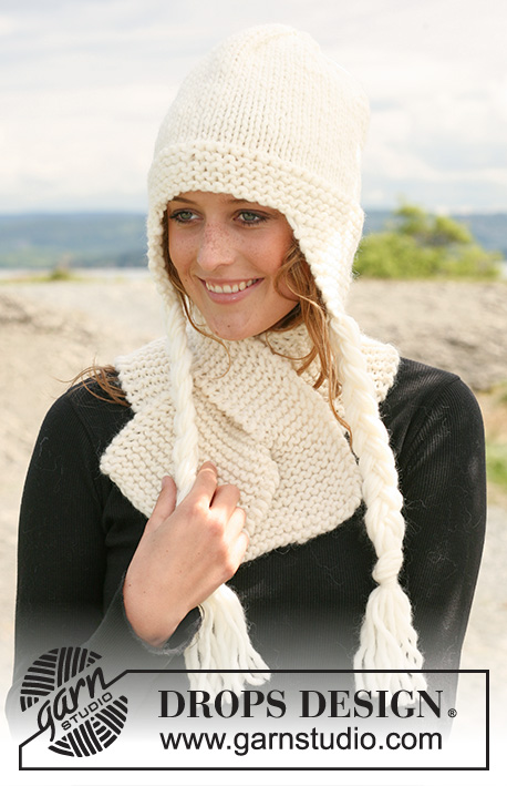 Lutetia / DROPS 109-16 - Set comprising: DROPS hat in stocking st and scarf in garter st in ”Snow”.