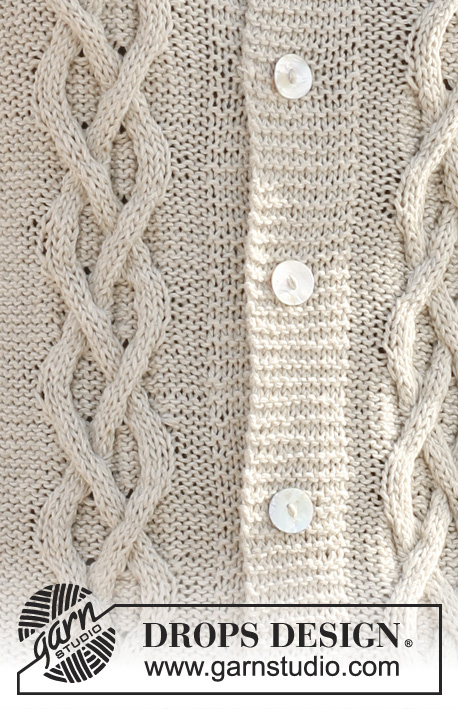 Ivy Trails / DROPS 112-20 - Irlandzki rozpinany sweter na drutach, z włóczki DROPS Bomull-Lin. Od S do XXXL