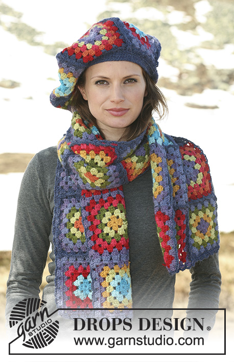 Hip Granny / DROPS 114-21 - Crochet DROPS scarf and hat made up of colourful squares and hexagons in 2 threads ”Alpaca”.
