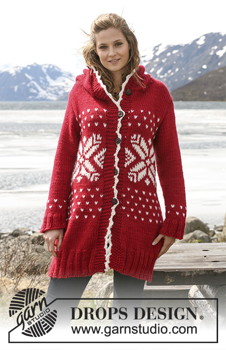 Welcome to the North / DROPS 114-29 - Long DROPS Christmas jacket in ”Snow” with Norwegian pattern and hood. Size S to XXXL.