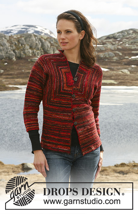 Red Brick Road / DROPS 114-3 - Rozpinany sweter na drutach, z kwadratami ściegiem francuskim, z włóczki DROPS Fabel.
