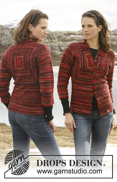 Red Brick Road / DROPS 114-3 - Rozpinany sweter na drutach, z kwadratami ściegiem francuskim, z włóczki DROPS Fabel.