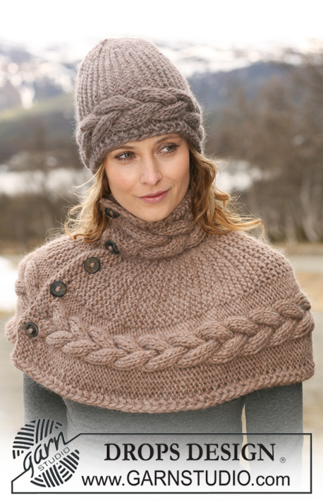 Chocolate Fudge / DROPS 114-31 - Set comprises: DROPS hat and shoulder wrap knitted from side to side with cables and garter st in ”Snow”.