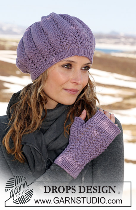 Purple Rhapsody / DROPS 115-12 - DROPS hat and fingerless gloves with lace pattern in ”MERINO EXTRA FINE”. 