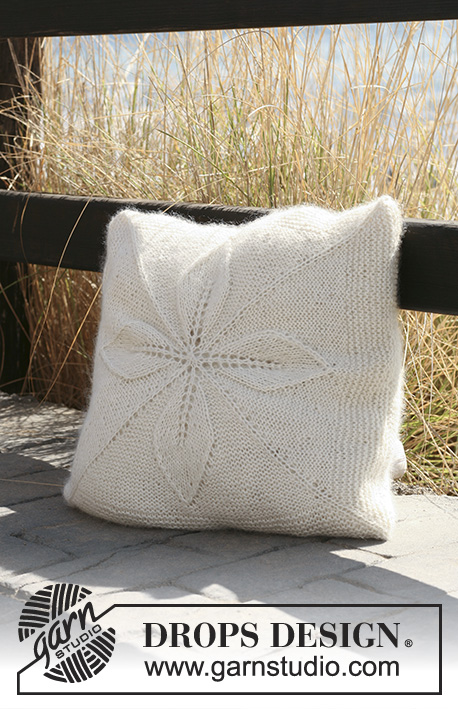 Fieldfare / DROPS 118-45 - Knitted DROPS cushion cover with flower- squares in ”Alpaca” and ”Vivaldi” or ”Alpaca” and ”Brushed Alpaca Silk”.