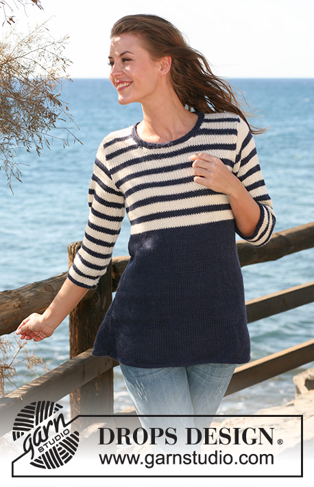 Ship Ahoy / DROPS 120-11 - Knitted DROPS Tunic with navy stripes in ”Alpaca” or Safran Size S - XXXL