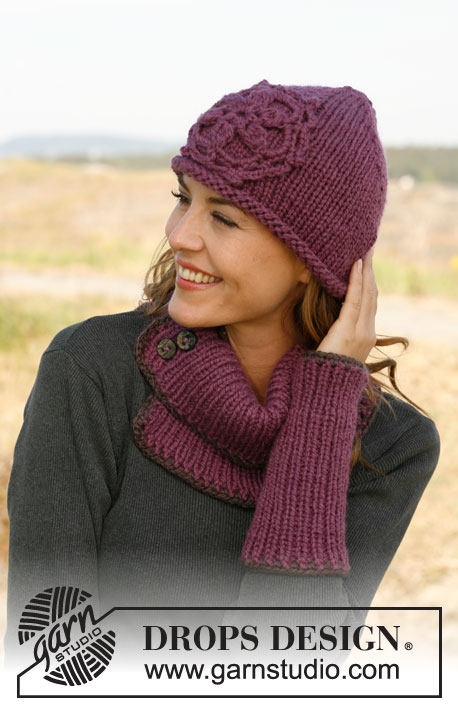 Duchess / DROPS 132-6 - Knitted DROPS neck warmer, wrist warmers and hat with crochet borders in ”Andes”.