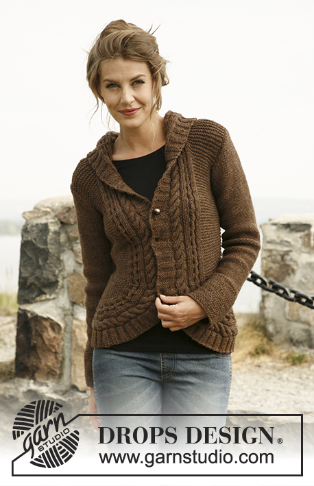Chocolate Passion / DROPS 134-55 - Knitted DROPS jacket with rounded front pieces and cables in ”Alaska”. Size: S to XXXL.