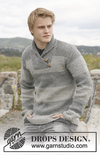 Limestone / DROPS 135-1 - Men's knitted jumper with shawl collar, stripes and seed stitch in DROPS Karisma or DROPS Merino Extra Fine. Size S-XXXL.
