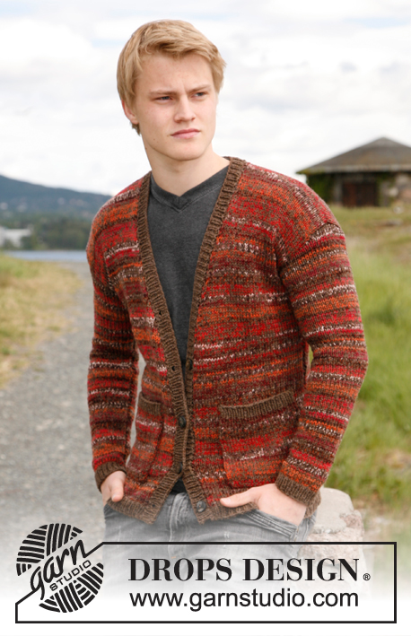 Firecracker / DROPS 135-28 - Men's knitted jacket with v-neck, in 2 threads DROPS Fabel. Sizes S - XXXL. 