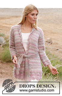 Emilia / DROPS 138-31 - Knitted DROPS jacket with lace pattern and belt in Fabel, Alpaca and Kid-Silk. Size: S - XXXL.