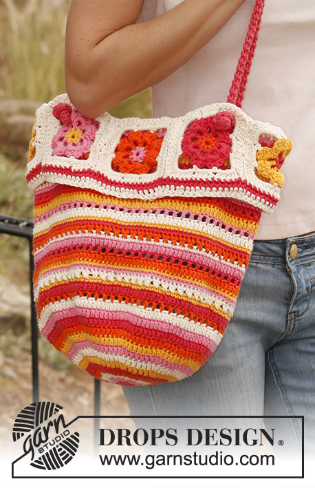 Sicily / DROPS 139-13 - Crochet DROPS bag with stripes and squares in ”Paris”. 
