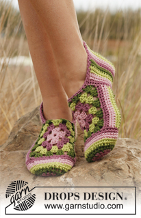Granny Rose / DROPS 139-17 - Crochet DROPS slippers with stripes and granny squares in ”Paris”.  