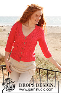 Cranberry field / DROPS 139-24 - Knitted DROPS jacket with moss st, ¾ sleeves and lace pattern in ”Muskat”. Size: S - XXXL 