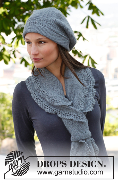 Emily / DROPS 140-38 - Gebreide DROPS baret en sjaal in ribbelst met kanten randen van ”BabyAlpaca Silk”.
