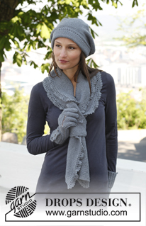 Emily / DROPS 140-38 - Gebreide DROPS baret en sjaal in ribbelst met kanten randen van ”BabyAlpaca Silk”.
