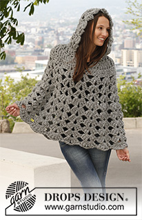 Raffinement / DROPS 140-44 - Crochet DROPS poncho with hood in 1 thread ”Polaris” or 2 threads Cloud. Size: S - XXXL.