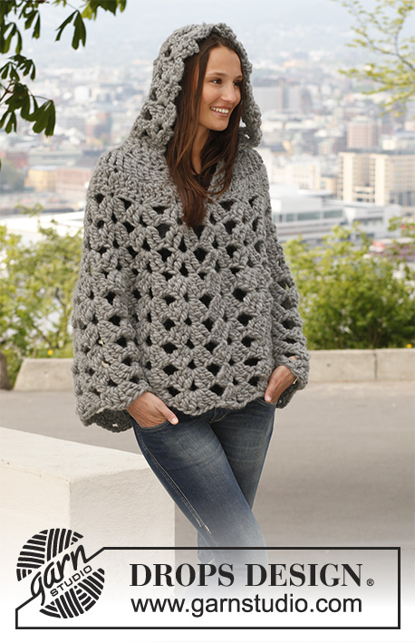 Raffinement / DROPS 140-44 - Crochet DROPS poncho with hood in 1 thread ”Polaris” or 2 threads Cloud. Size: S - XXXL.