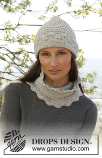 Rani / DROPS 141-25 - Set consist of: Crochet DROPS hat, neck warmer and mittens with fan pattern in ”Merino Extra Fine”.