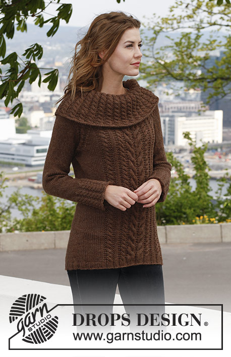 Cacao / DROPS 143-2 - Knitted DROPS jumper with cables, raglan dec and large neck in ”Nepal”. Size: XS - XXXL.