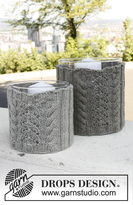 Capri / DROPS 144-20 - Set consists of: Knitted large and small candle holder cover with cables and lace pattern in DROPS Merino Extra Fine.