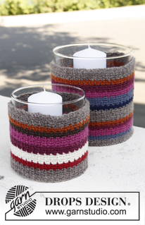 Cottage candle / DROPS 144-21 - Set consists of: Crochet DROPS large and small cover for glass vase with stripes in ”Karisma”. 