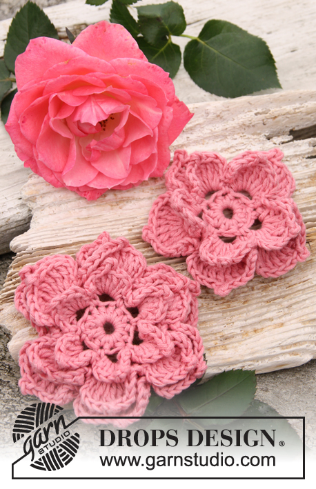 Rosa / DROPS 147-45 - Fleurs DROPS au crochet, en ”Safran”.