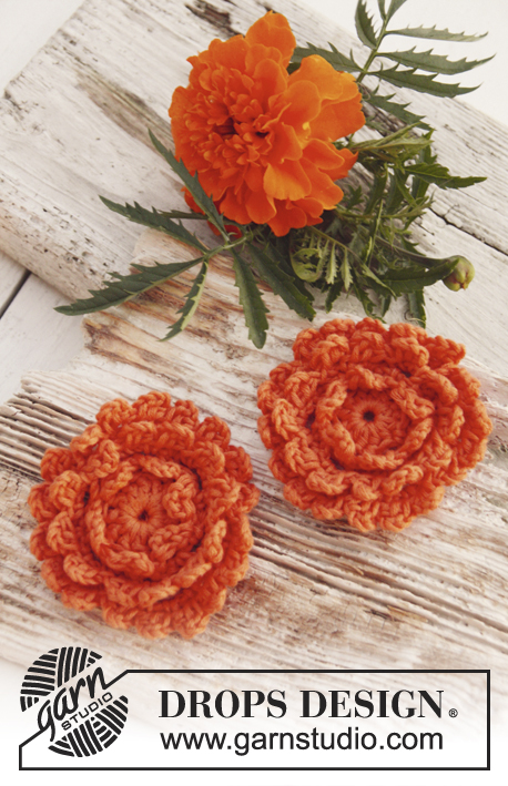 Marigold / DROPS 147-49 - Crochet DROPS tagetes flowers in ”Safran”.