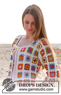 Summer Patchwork / DROPS 147-9 - Crochet DROPS jacket with ¾ sleeves and granny squares in ”Alpaca”. Size: S - XXXL