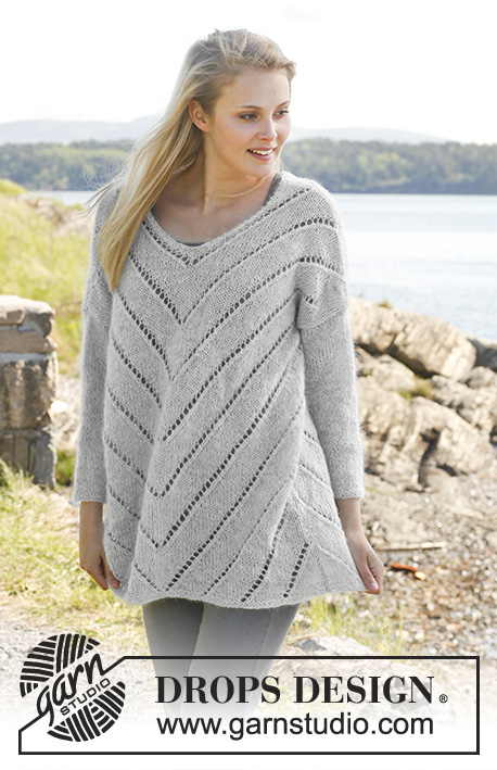 Eva Sweater / DROPS 149-3 - Ażurowy sweter DROPS z rękawami ¾, z włóczek „Alpaca” i „Kid-Silk”. Od S do XXXL.