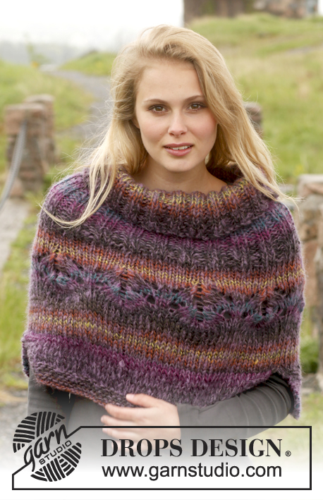 Sunset Meadow / DROPS 149-38 - Knitted DROPS poncho with lace pattern in ”Big Delight” and ”Vivaldi”. Size: S - XXXL.