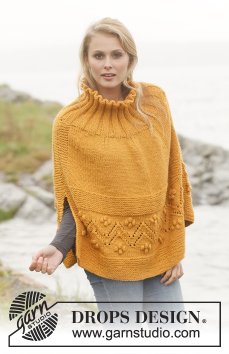 Saffron / DROPS 149-45 - Knitted DROPS poncho with lace pattern and bobbles in ”Nepal”. Size: S - XXXL.