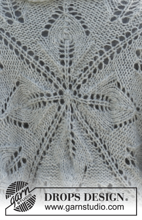 Rose des Vents / DROPS 150-11 - Sweter rozpinany DROPS z ażurowi motywami liści wzdłuż obszyć przodów, z włóczki „Merino Extra Fine” i „Kid-Silk”. Od S do XXXL.