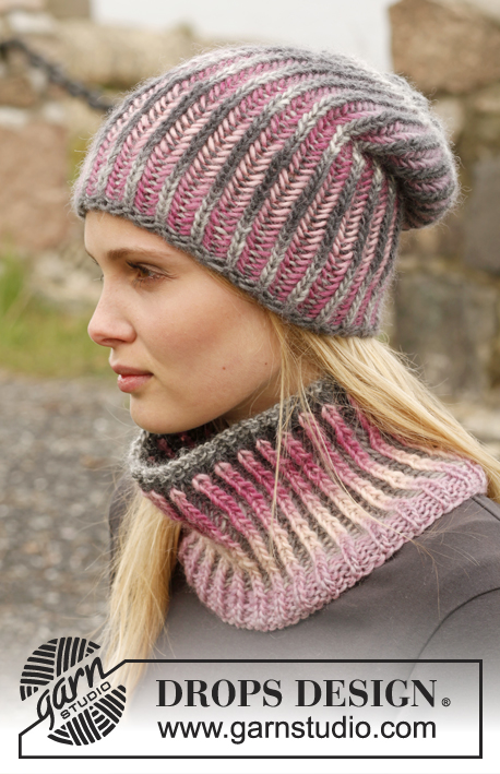 Phoenix / DROPS 151-24 - Knitted DROPS hat and neck warmer with English rib in two colors in ”Big Delight”.