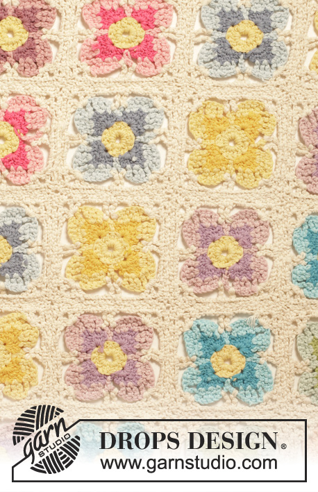Summer Joy / DROPS 154-39 - Crochet DROPS Wittrock's violet blanket with squares in ”Paris”.