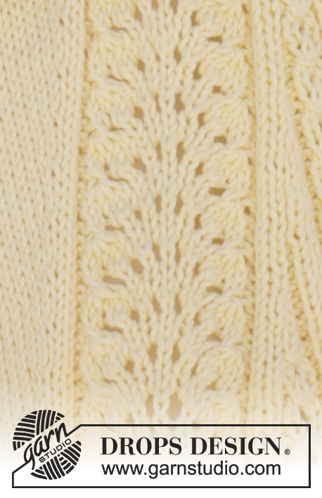April / DROPS 154-7 - Sweter rozpinany DROPS ze ściegiem ażurowym, reglanem i dekoltem w kształcie litery V, z włóczki „Paris”. Od S do XXXL.