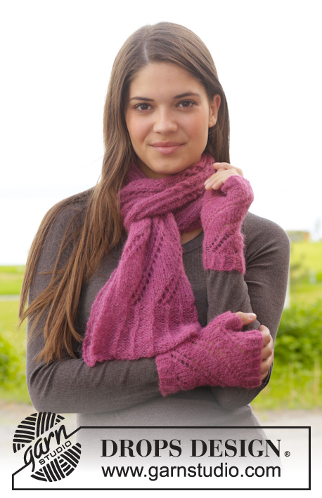 Ibis Rose / DROPS 156-41 - Knitted DROPS scarf and wrist warmers in ”Brushed Alpaca Silk”.