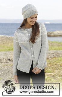 Silver Dream Cardigan / DROPS 157-1 - Knitted DROPS jacket and hat with Norwegian pattern, worked top down in ”Karisma”. Size: S - XXXL.