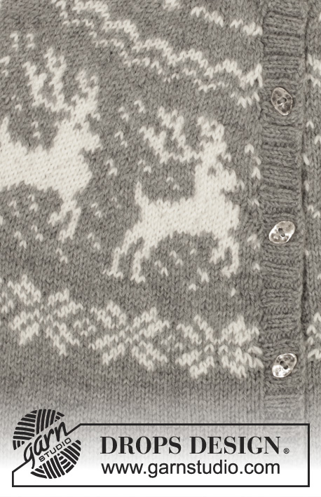 Silver Stag Cardigan / DROPS 157-24 - Sweter rozpinany DROPS z zaokrąglonym karczkiem, żakardem w renifery, przerabiany z góry na dół z włóczki „Karisma”. Od S do XXXL.