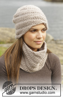 Whirlwind / DROPS 157-38 - Knitted DROPS hat and neck warmer with spiral pattern in ”Snow”.