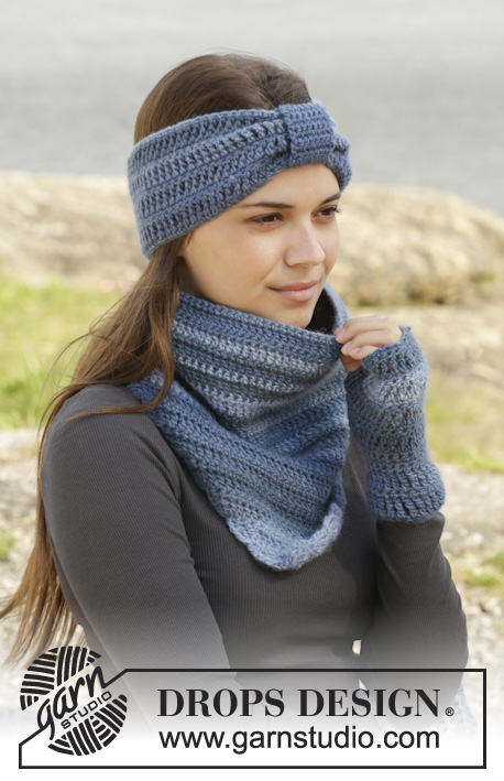 Winter Blues / DROPS 158-42 - Crochet DROPS neck warmer, head band and wrist warmers in ”Big Delight”.